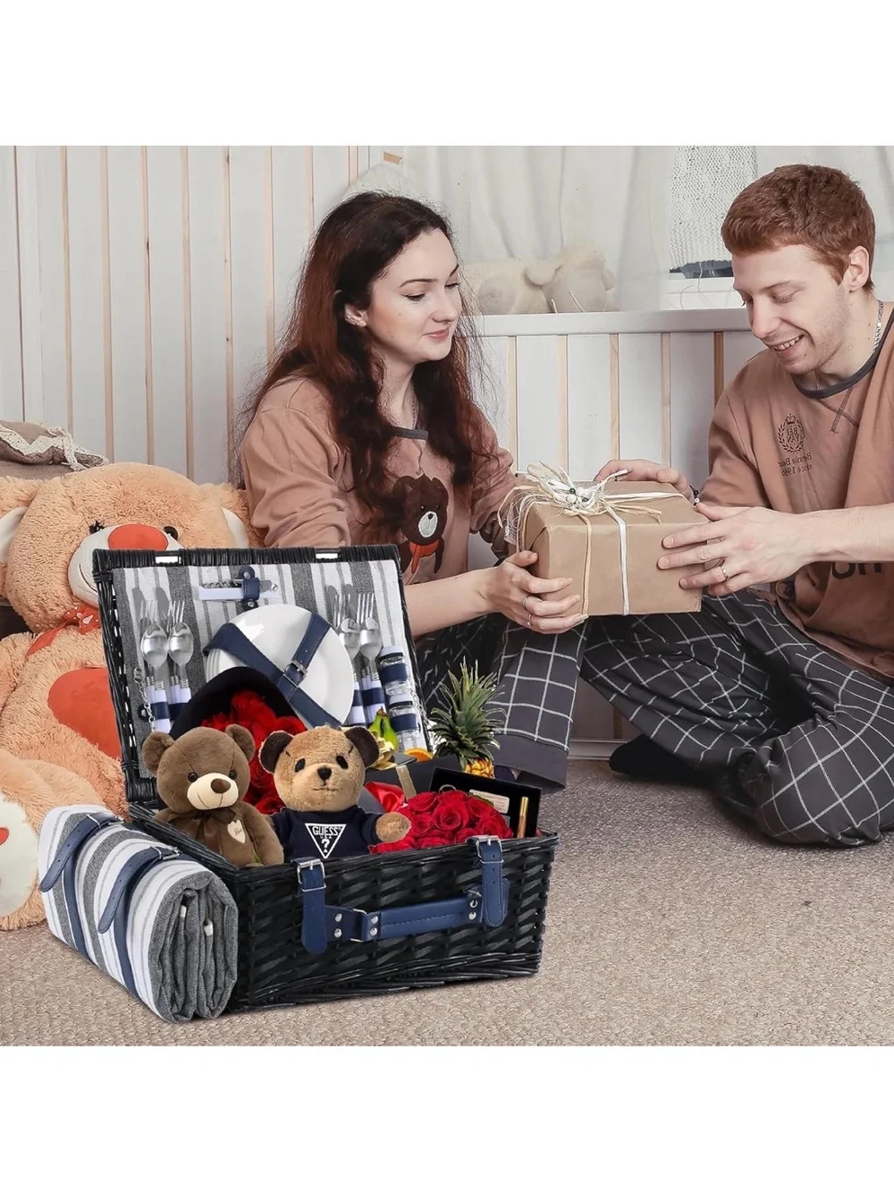 Classic Navy Picnic Basket Set with Plates and Cutlery